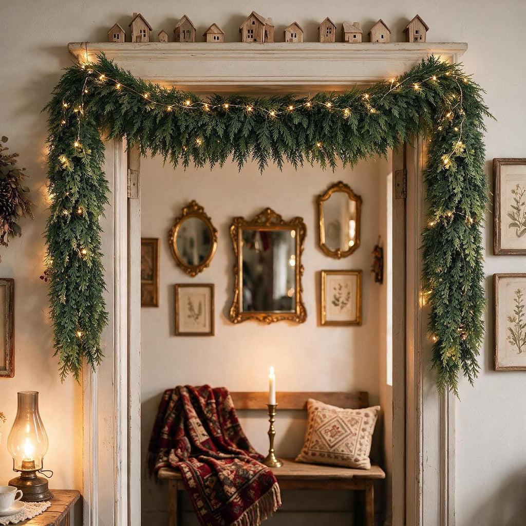 12FT Christmas Cedar Garland, Realistic Artificial Pine Greenery Garland with Flexible Wired Branches, Faux Holiday