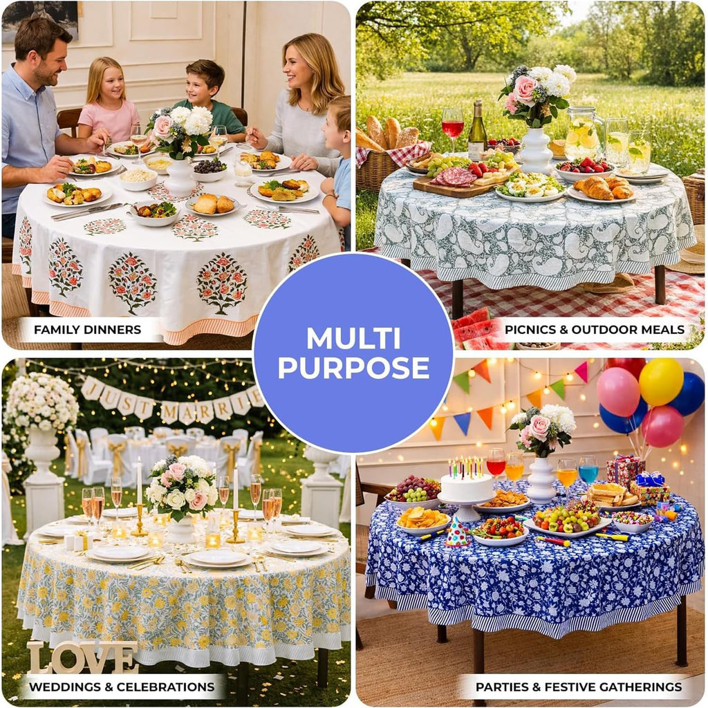 Yellow & White Floral Round Tablecloth, Hand Block Printed Cotton with Striped Border, Dining Table Cover, Handmade