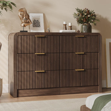 47" W Fluted 6-Drawer Dresser, Walnut
