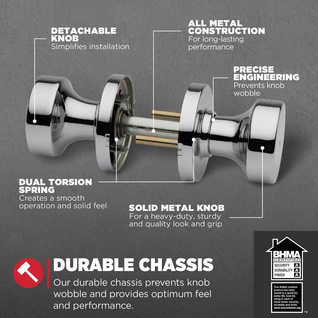 Pismo Interior Privacy Door Knob with Lock, Door Handle , Polished Chrome Keyless Turn Lock Doorknob