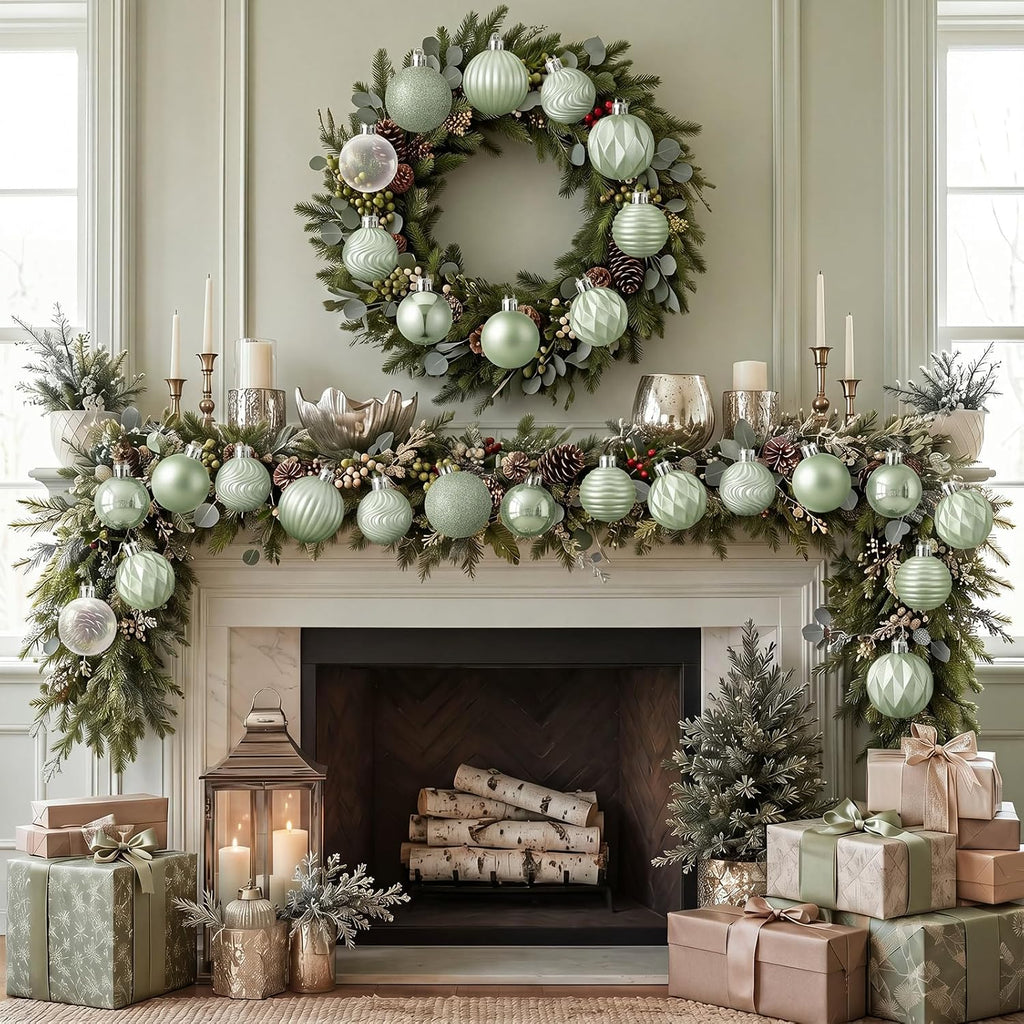 Sage Green Christmas Ornaments Iridescent White Xmas Bulbs - Set of 64