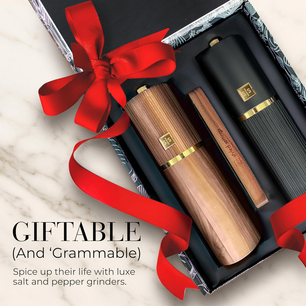 Wooden Salt and Pepper Grinder Set, Black and Dark Wood - Set of 2