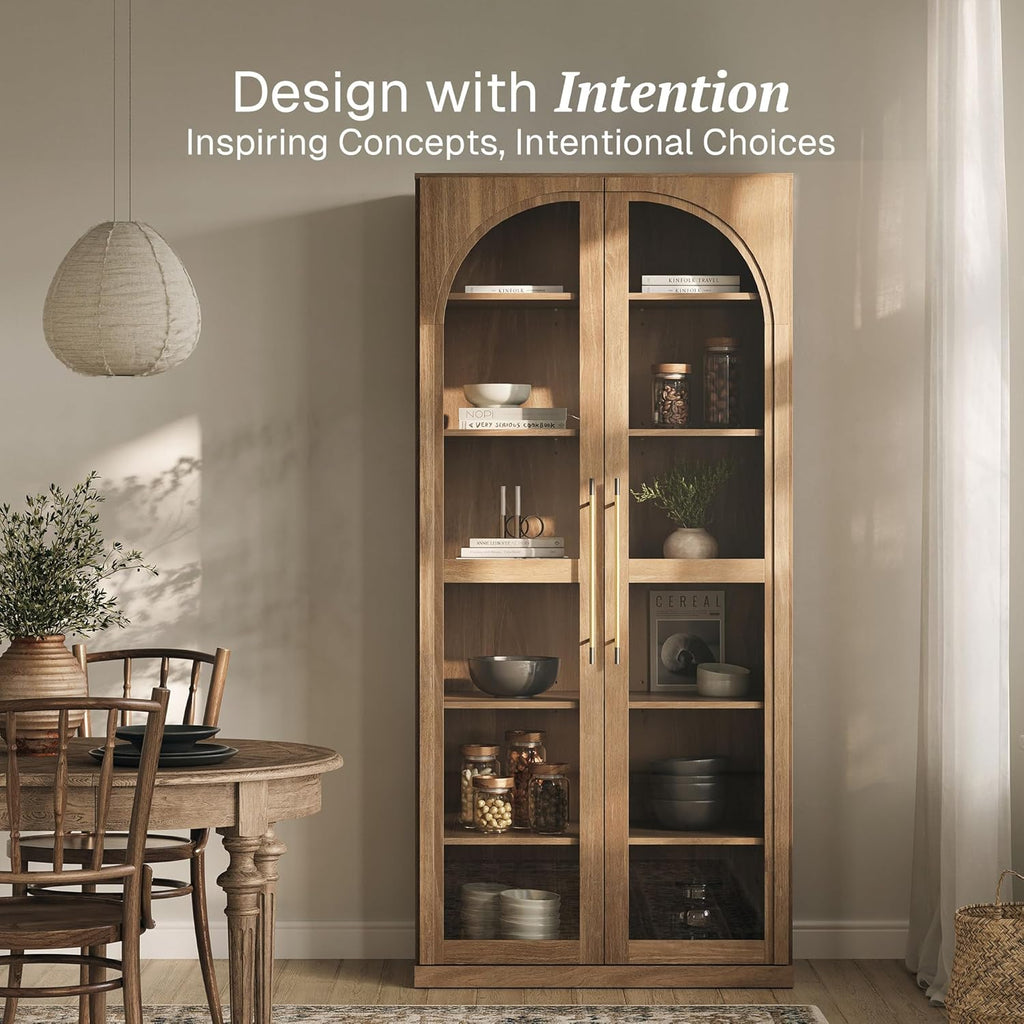 Modern Wood Wine Curio Cabinets with 4 Adjustable Shelves, 67" Storage Cabinet, 6 Shelf Glass Bookshelf Display