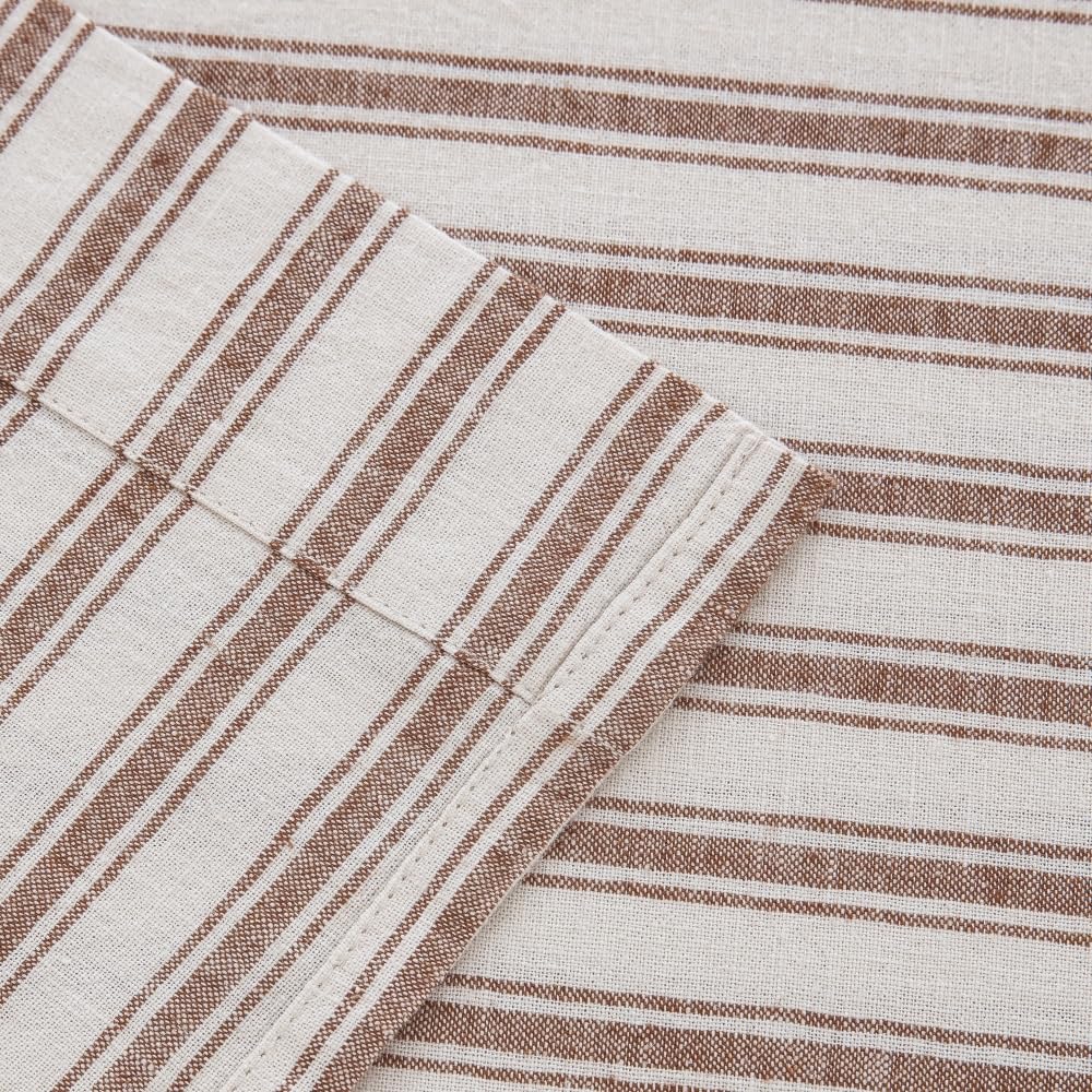 King Size Linen Blend Sheets Set, 55% Linen 45% Cotton Bedding Sets, Bedlinen Up to 16" Deep, Striped Tobacco Brown