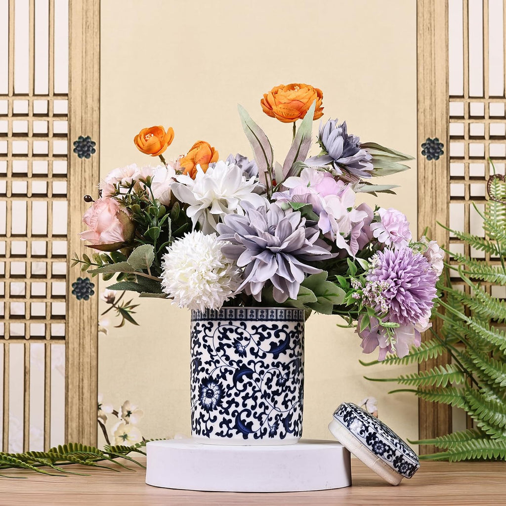 Chinese Traditional Antique Style Blue and White Porcelain Ginger Jar Ceramic Covered Jar Flower Vase with Lid, Ming - Set of 3