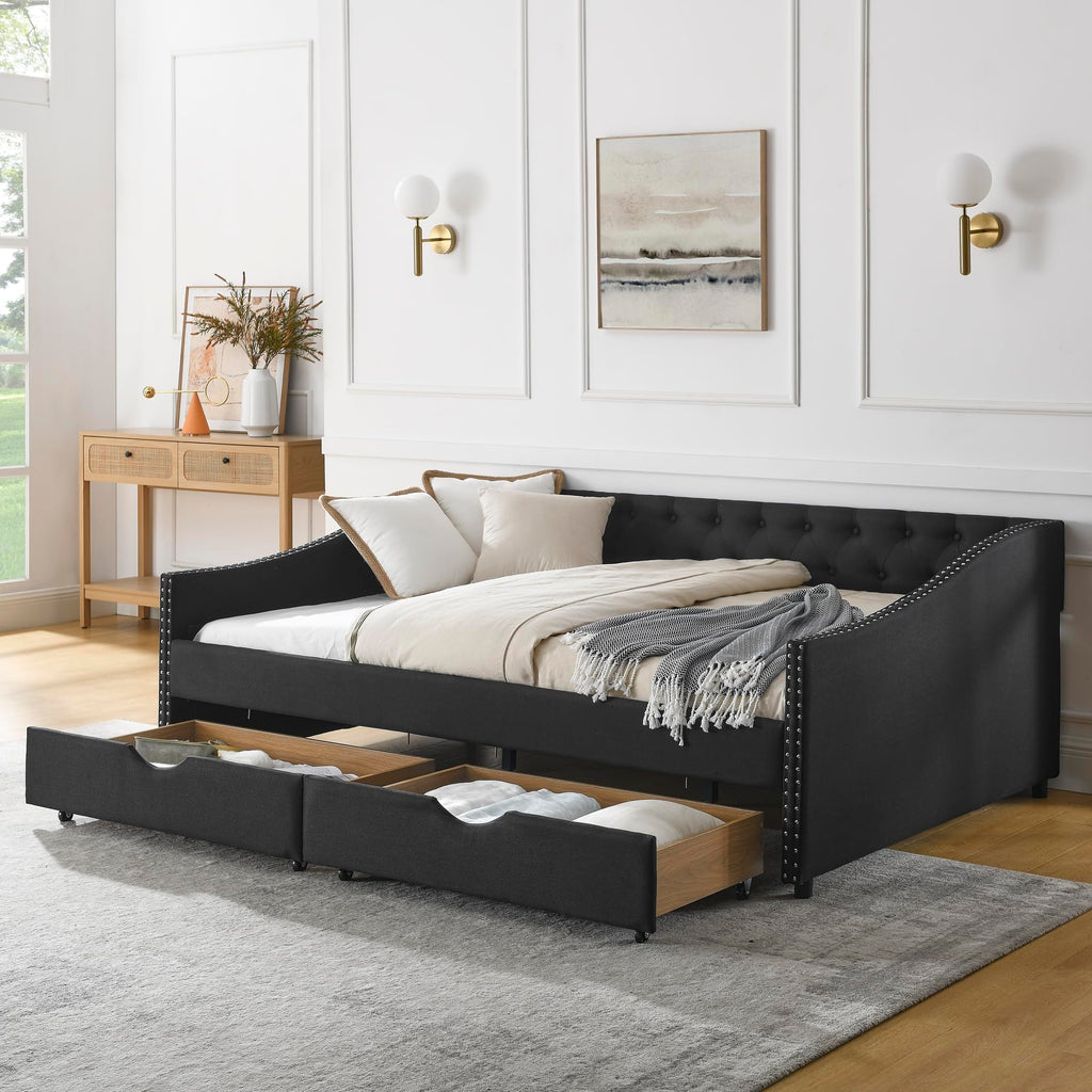 Full Daybed Frame with Two Storage Drawers, Modern Upholstered Button Tufted Day Bed w/Nailhead Trim and Wood Slat