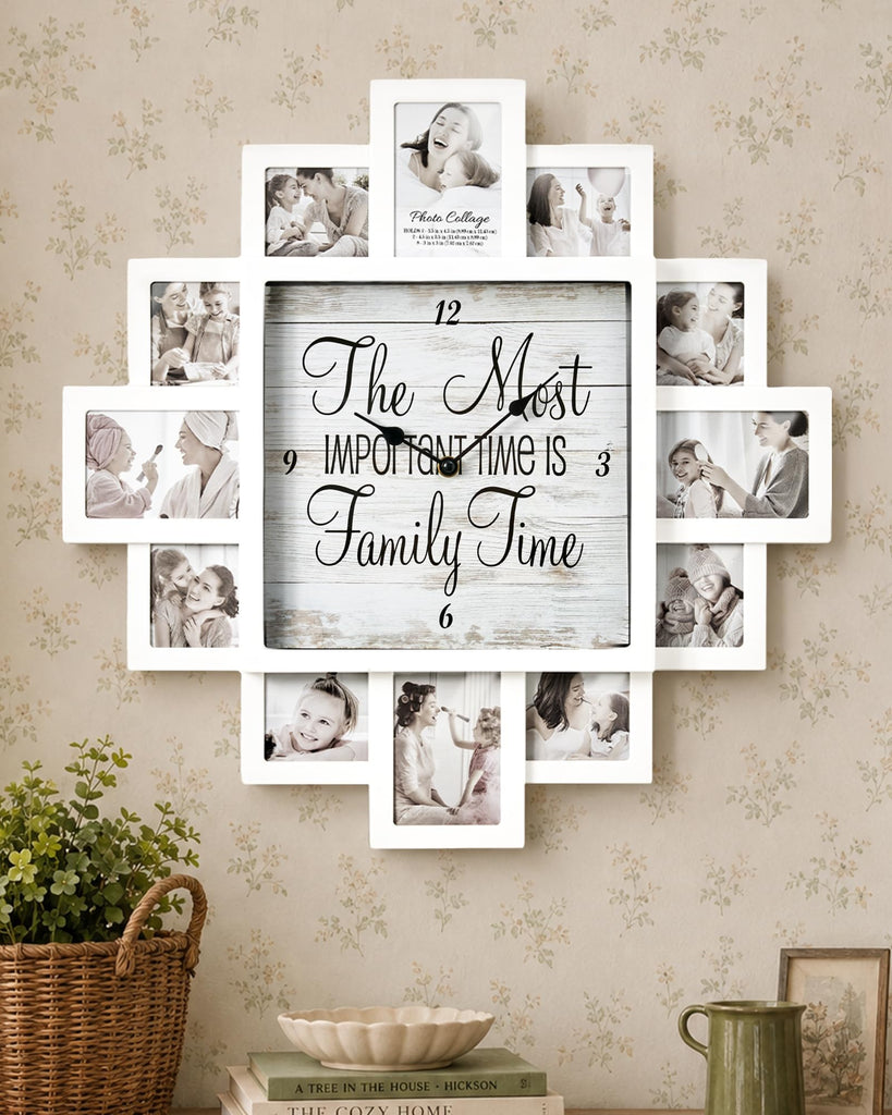 Picture Frame Collage Clock - 12 Photo Display Slots - Wall Mounted Chic Farmhouse Wall Decor - Wall Clock (Family
