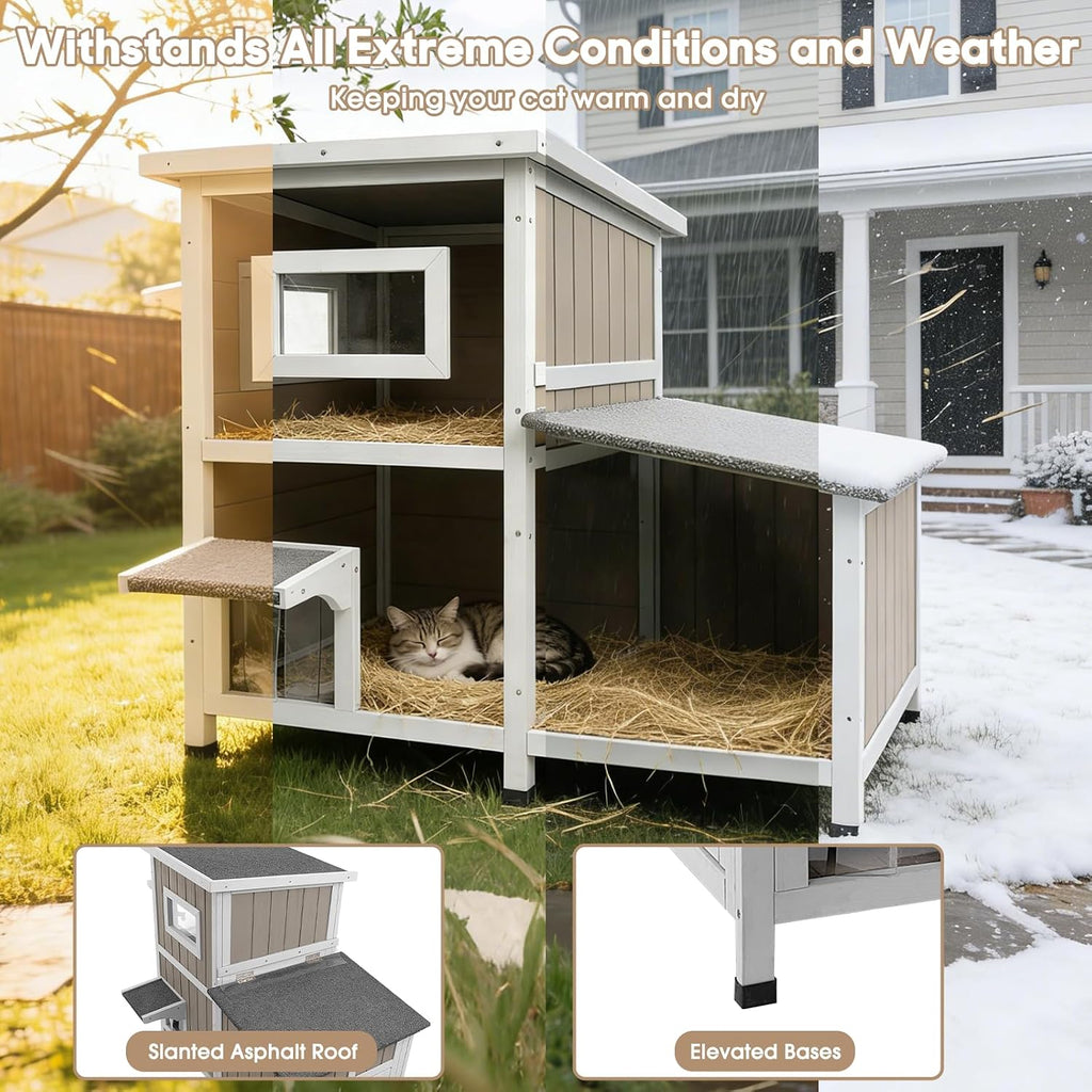 Outdoor Cat House for 2-3 Cats, 2-Story Weatherproof Wooden Cat Shelter with Feeding Station, Openable Asphalt Roof