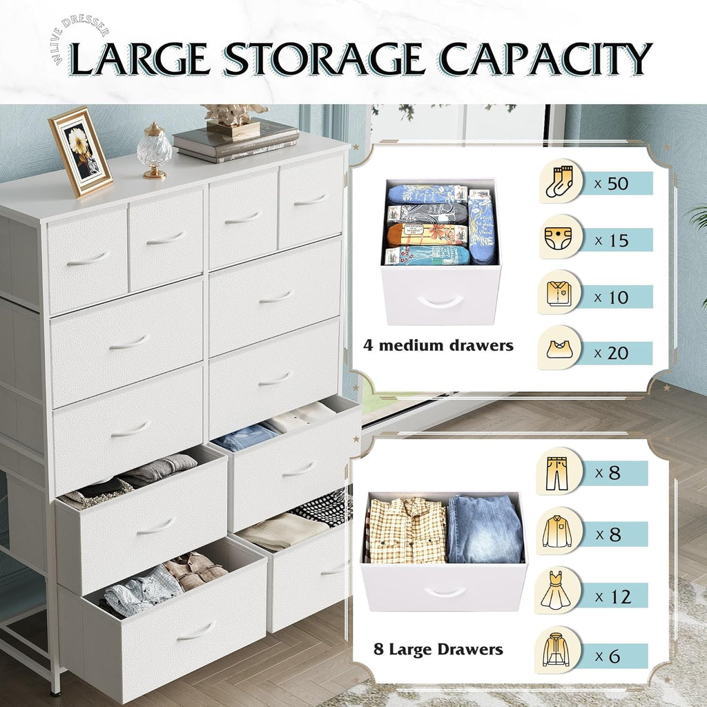 12 Drawer Tall White Fabric Dresser Bedroom Storage Chest | White tall 12-drawer fabric dresser with wood top