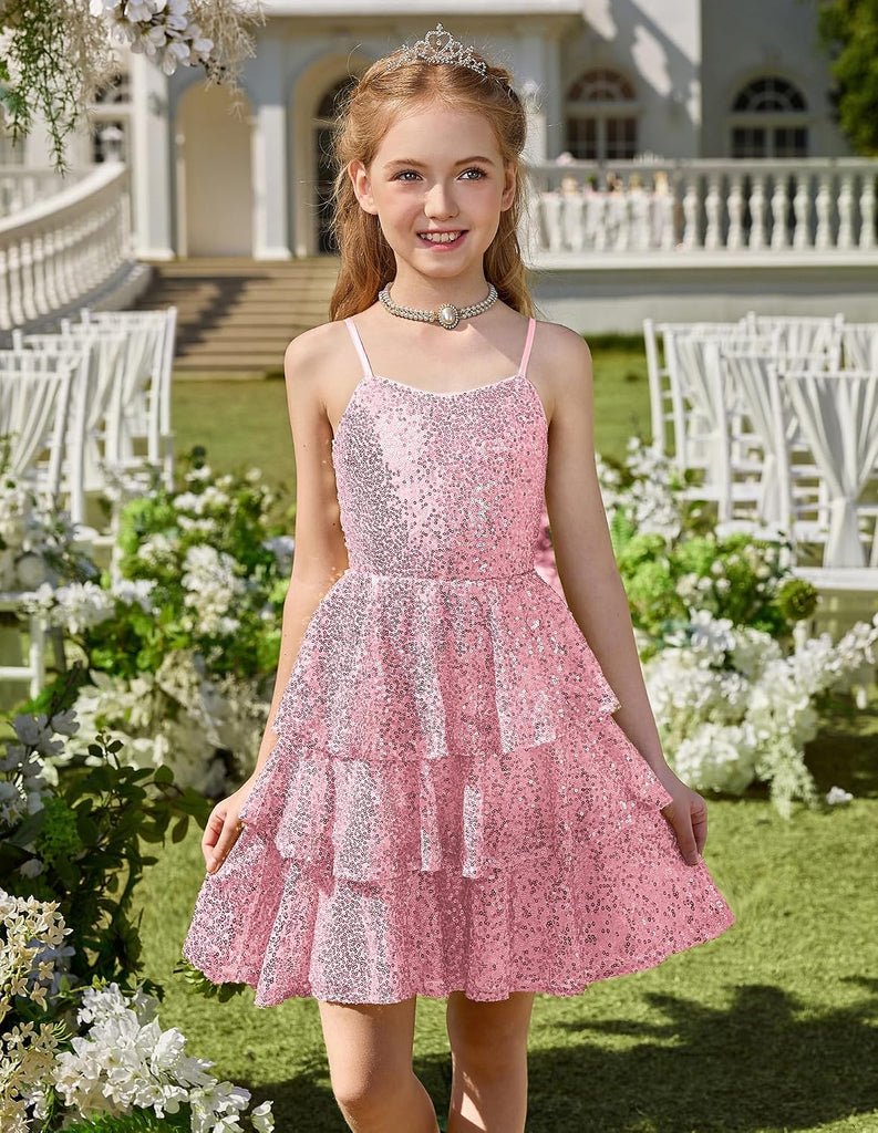 Girls Sequin Formal Dresses Kids Party Special Occasion Fancy Dress Tie Back 3 Layer Prom Graduation Outfits