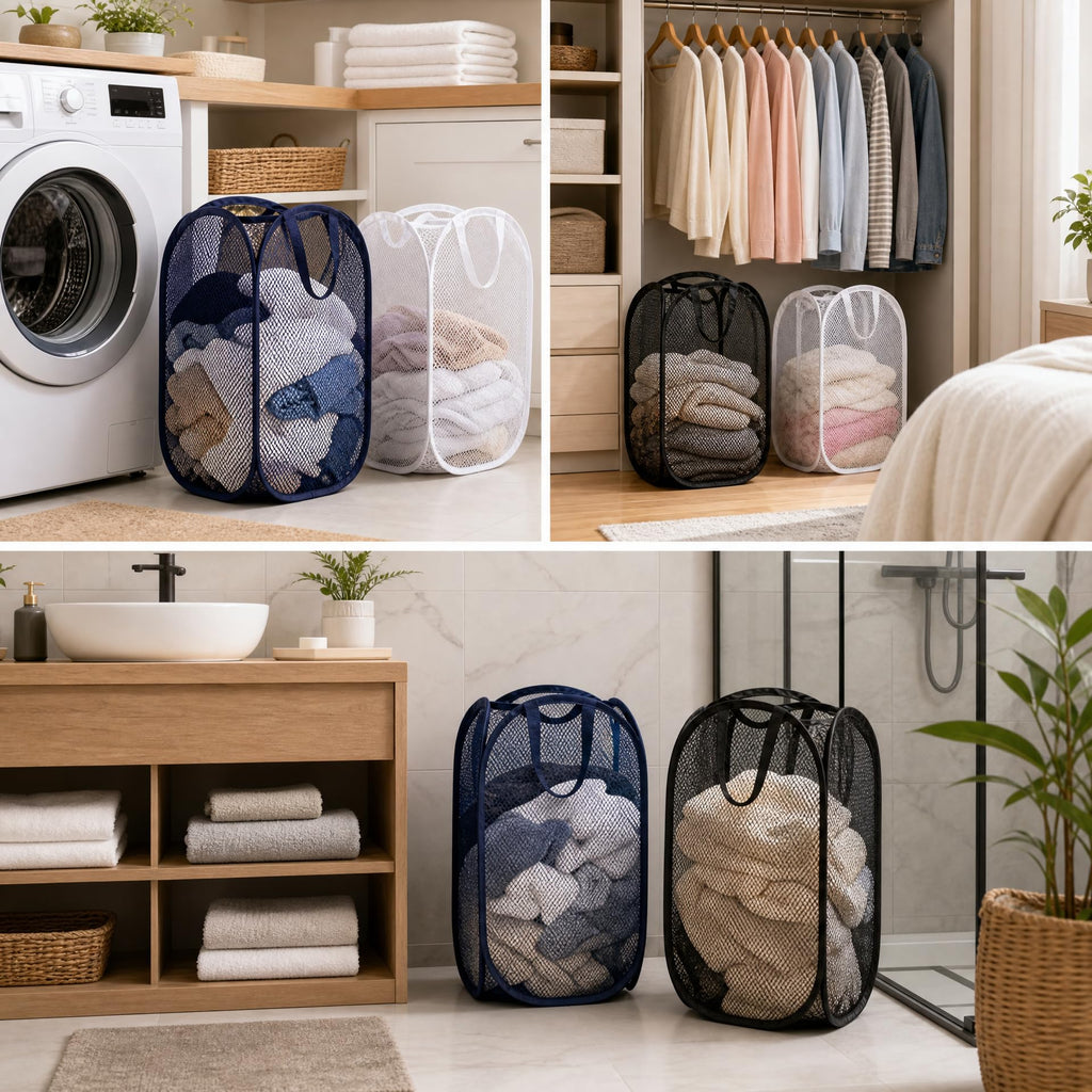 6 Pack Mesh Laundry Hampers with Side Pockets, Black White Blue