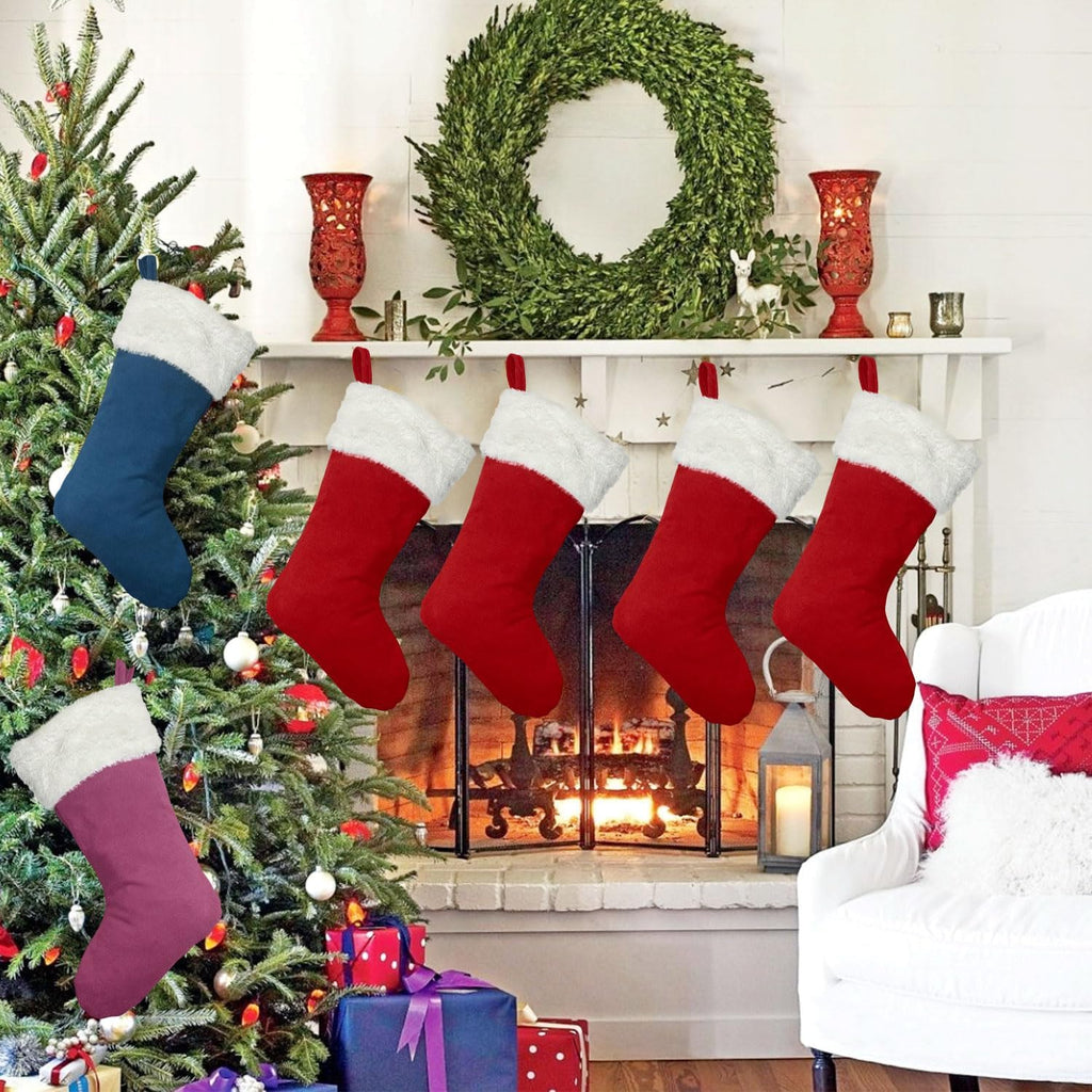 6Pack Red Christmas Stockings Traditional 20 Inch Large Vintage Polyester Plush Luxury Xmas Stocking for Family