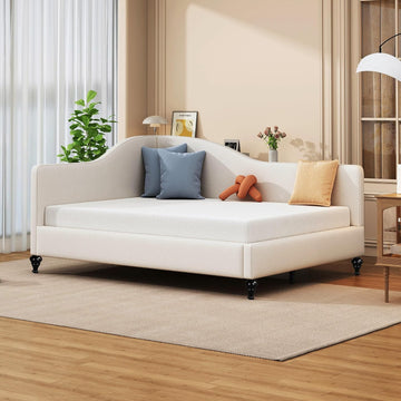 Full Bed Frame Daybed, L-Shaped Linen Corner Sofa with Solid Wood Legs & Guest Room, No Box Spring Needed, Beige