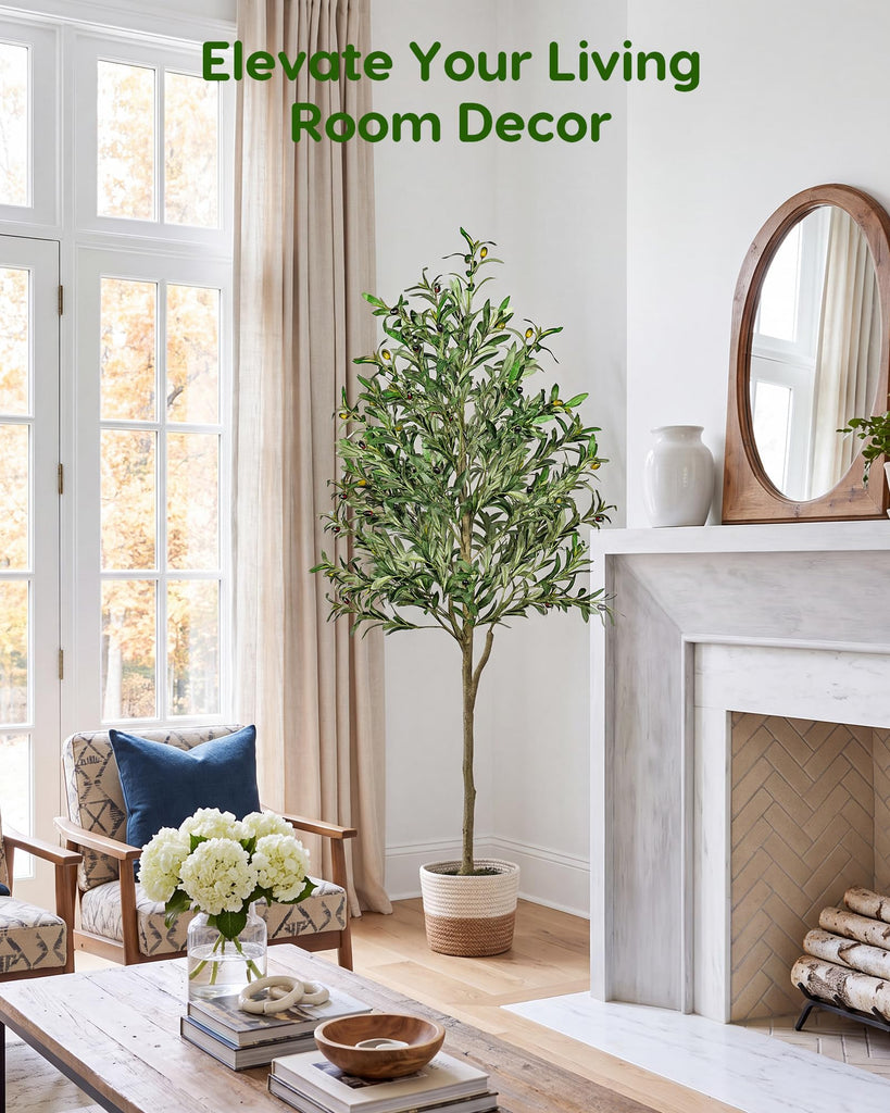 6FT Artificial Olive Tree Plants Indoor in Cotton Rope Basket with Natural Pebbles, Large Tall Faux Plant with