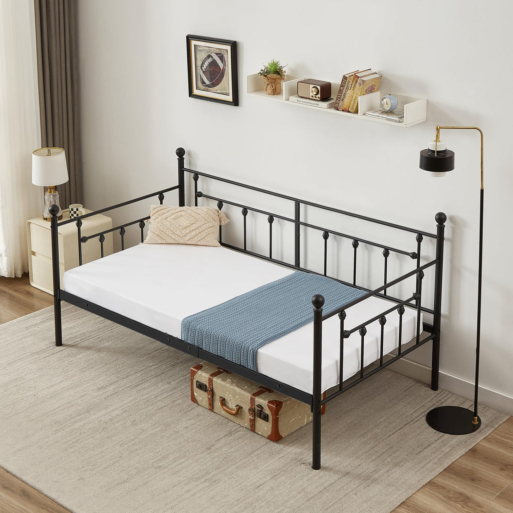 Daybed Frame, Twin Size Metal Platform Bed with Headboard, Heavy Duty Steel Slats Support Bedroom Guest Room, Easy