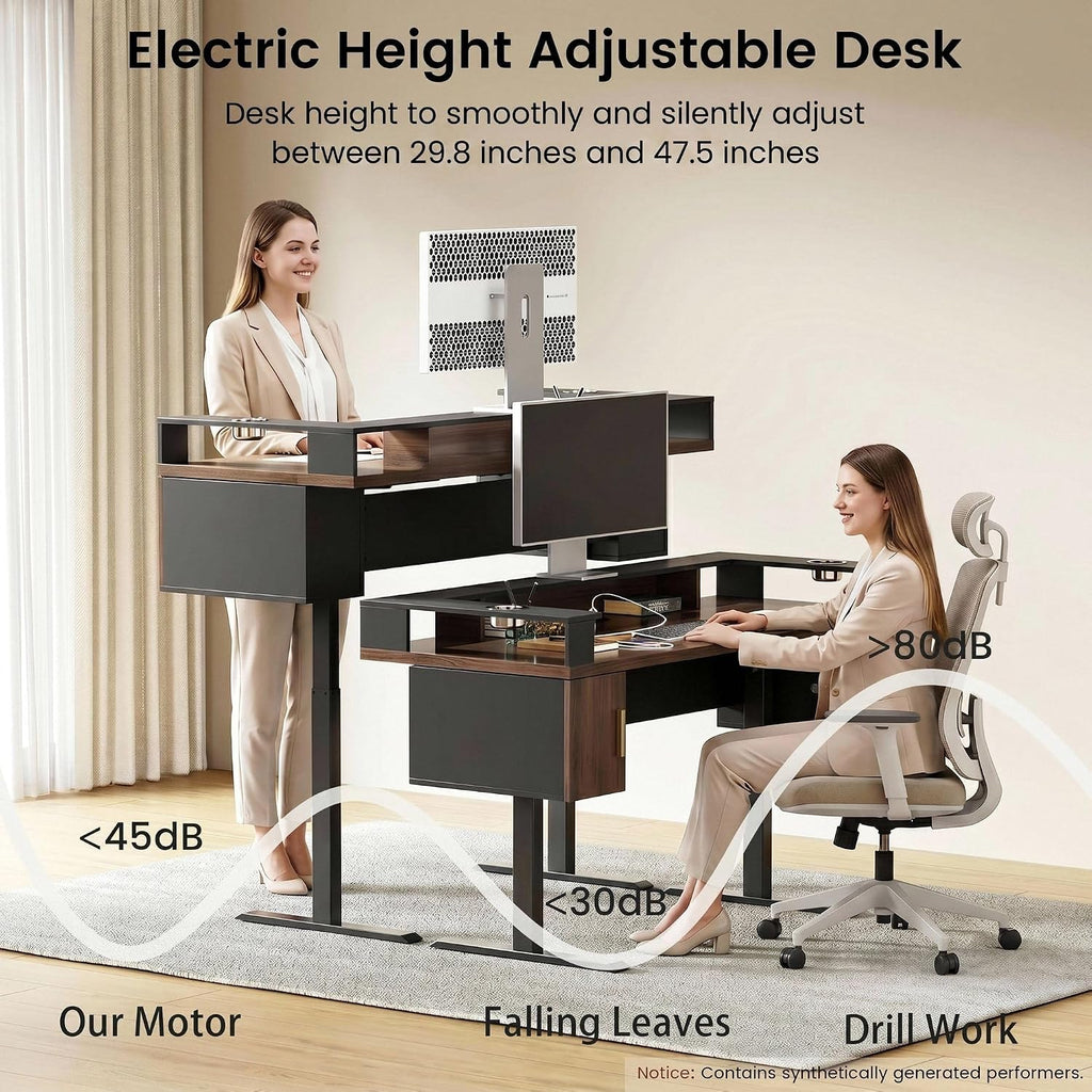 61'' Electric Standing Desk with Drawers, Dual Cup Holders | Height Adjustable Desk, Built-in Power Outlet & USB