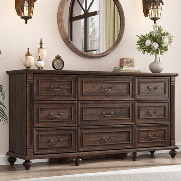 63" Farmhouse 9 Drawer Dresser with 6 Gourd Feet and Roman Column Decor, Wide Wood Country Rustic Chest of Drawers