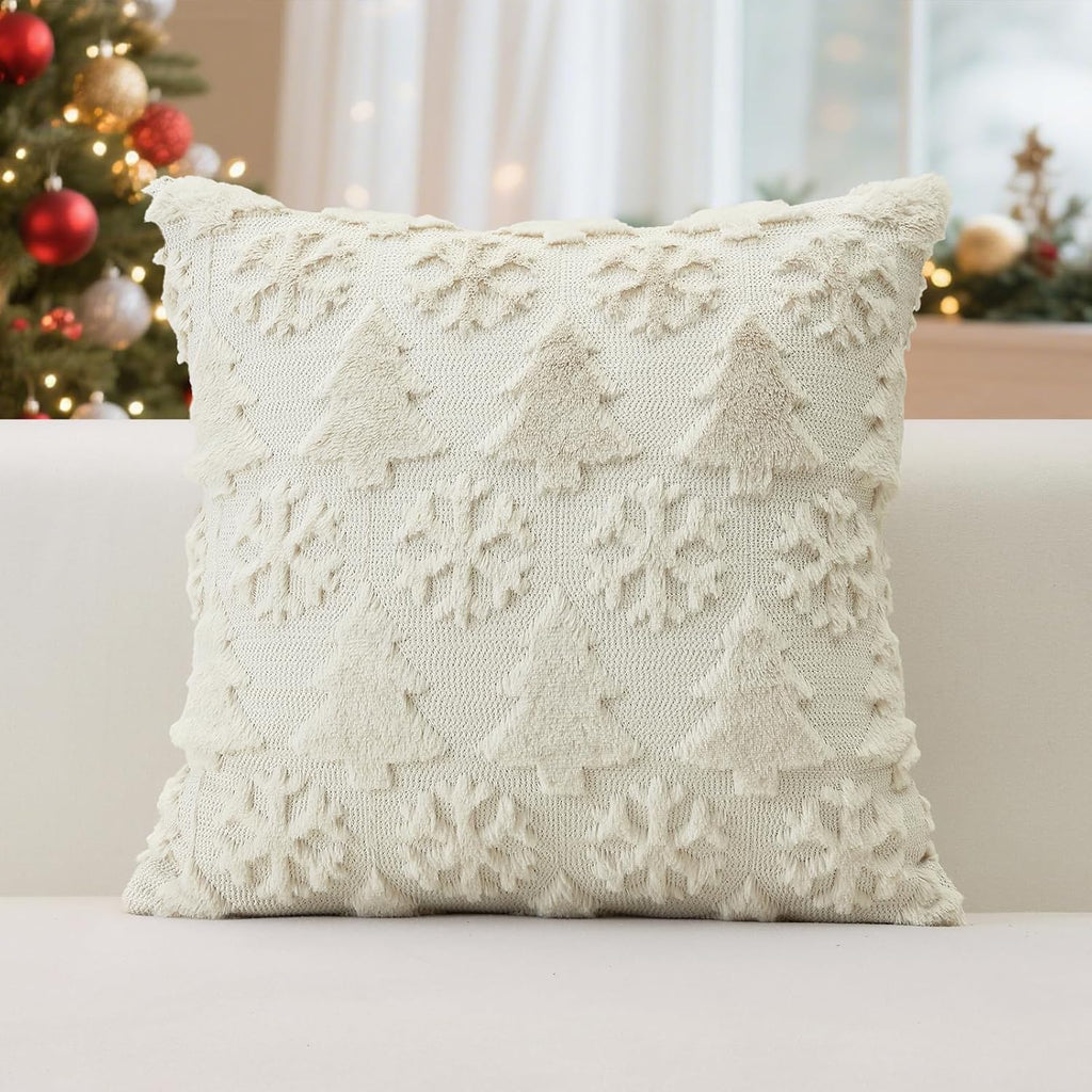 Christmas Throw Pillow Covers 20x20 Inch, Soft Plush Faux Fur Christmas Tree Snowflake Winter Holiday Xmas - Set of 2