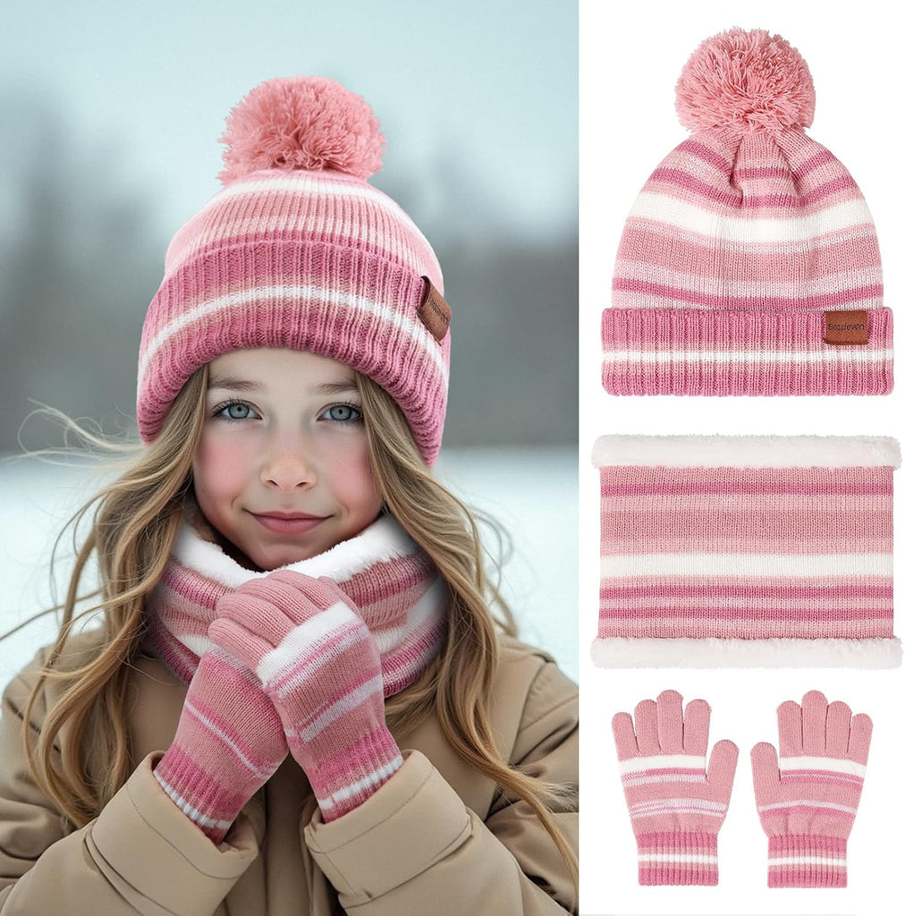 Kids Winter Hat Gloves Scarf Set: Girls Boys Beanie Fleece Lined