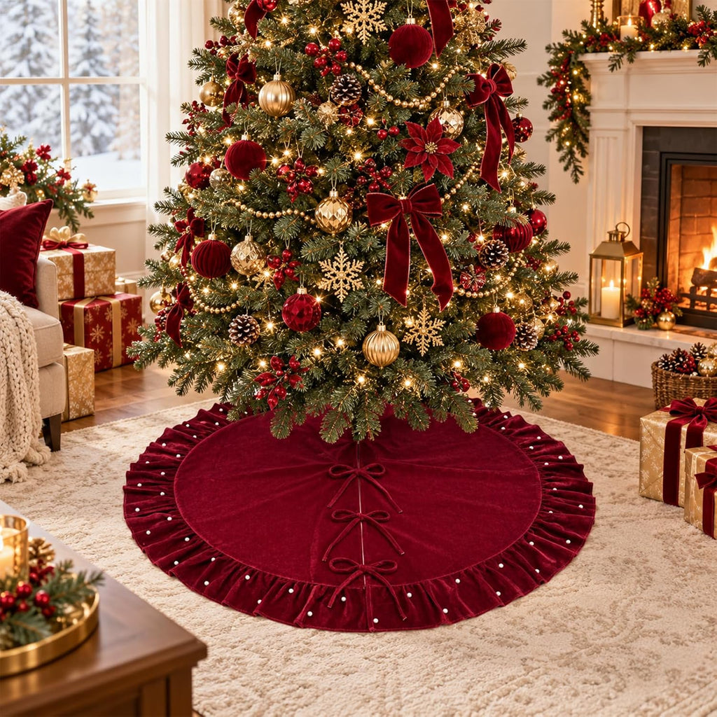 Christmas Velvet Tree Skirt 60 Inch, Wine Red Burgundy Xmas Tree Skirt with Pearl Beaded Ruffle Trim and 3 Bow Ties