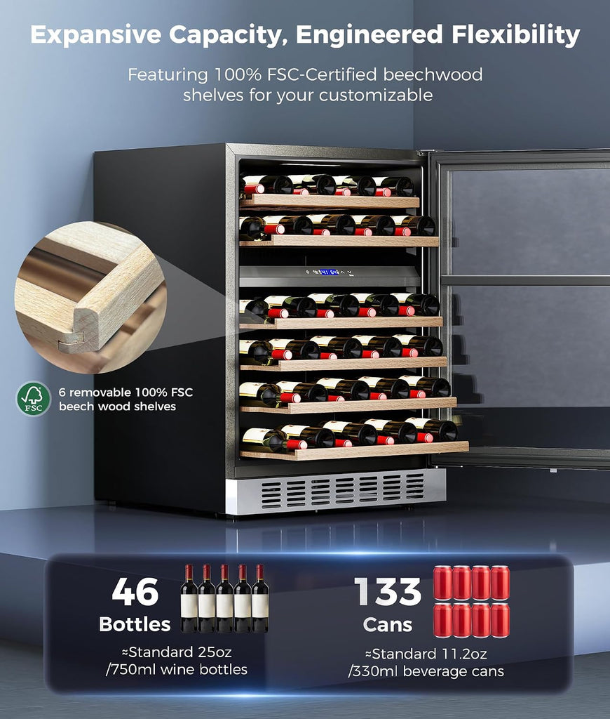 Wine Fridge Beverage Refrigerator - 24” Dual Zone 41 - 64°F/41-64°F Wine Cooler for 46 Bottles, Built
