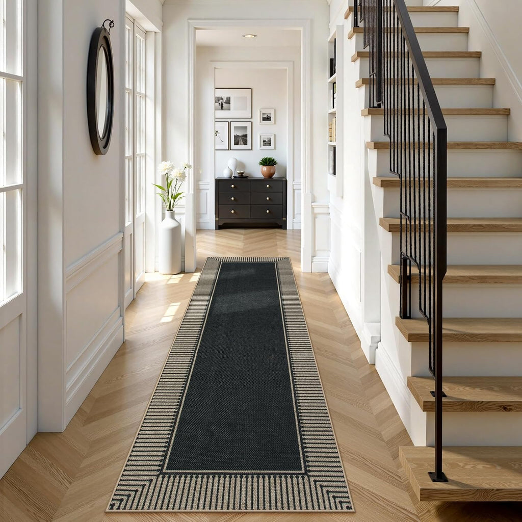 Easy Jute 2'6"x8' Runner Rug, Black Indoor Outdoor Striped Runner