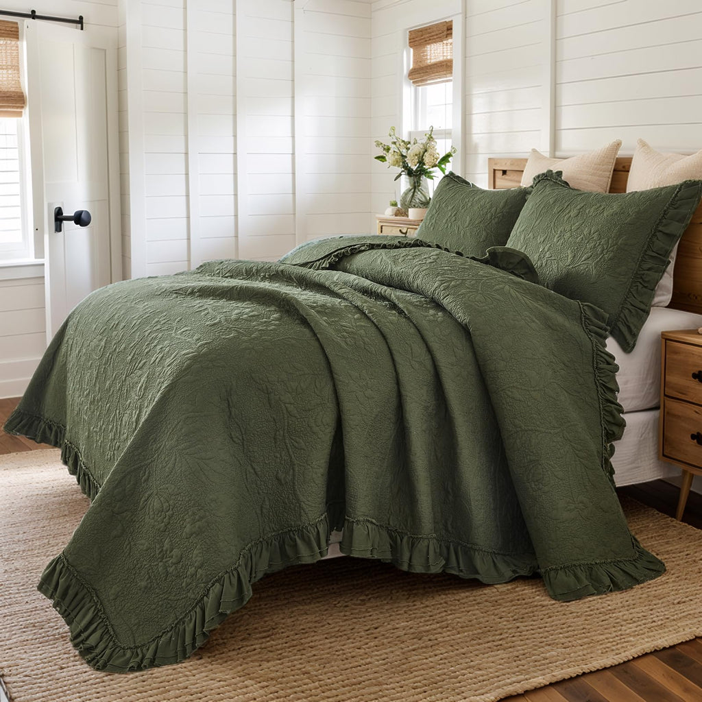 Olive Green Quilt Set Cotton Ruffled Floral Coverlet 3PC