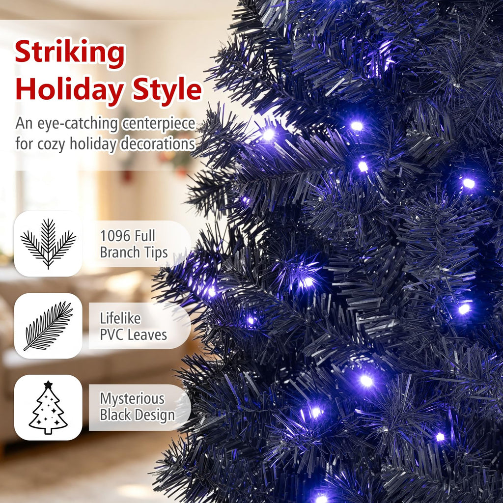 7ft Pre-Lit Black Christmas Tree, Artificial Halloween Tree