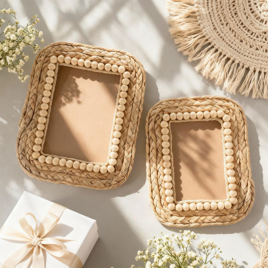 2 Pcs Wicker Weave Picture Frames Boho 5 x 7, 4 x 6 Inch