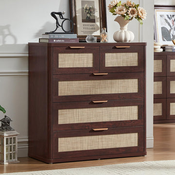 Rattan, 33.5" Tall Chest of Drawers, Modern 5 Drawers Boho Dressers with Storage, Vintage Brown Wooden Closet