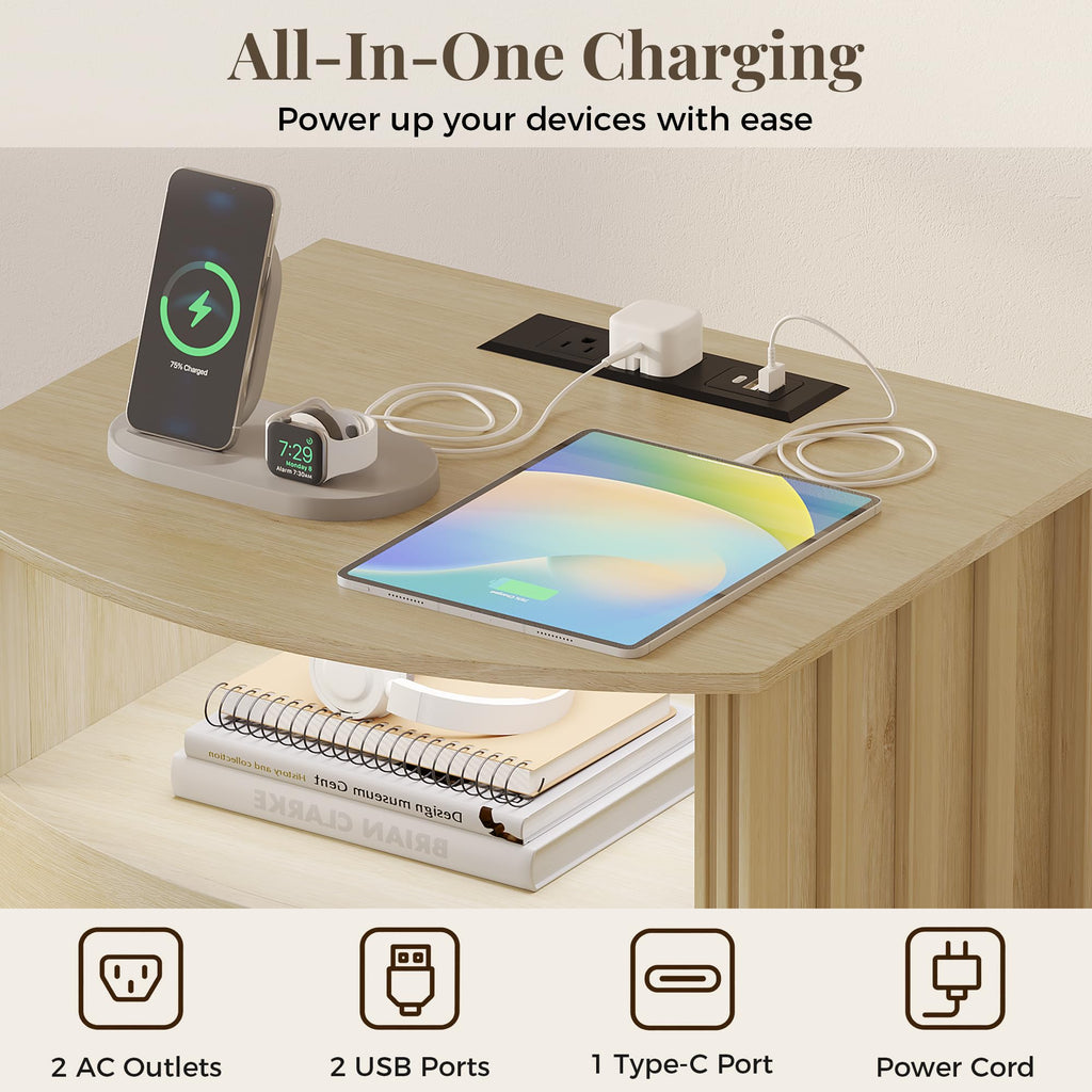 Oak Nightstand with Charging Station, 2 Drawers, Dimmable Light