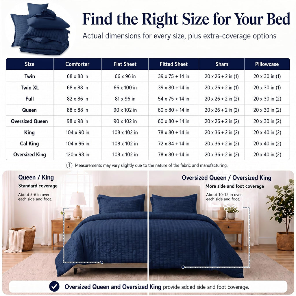 Comforter Set 120x98, 7-Piece Navy Blue Seersucker