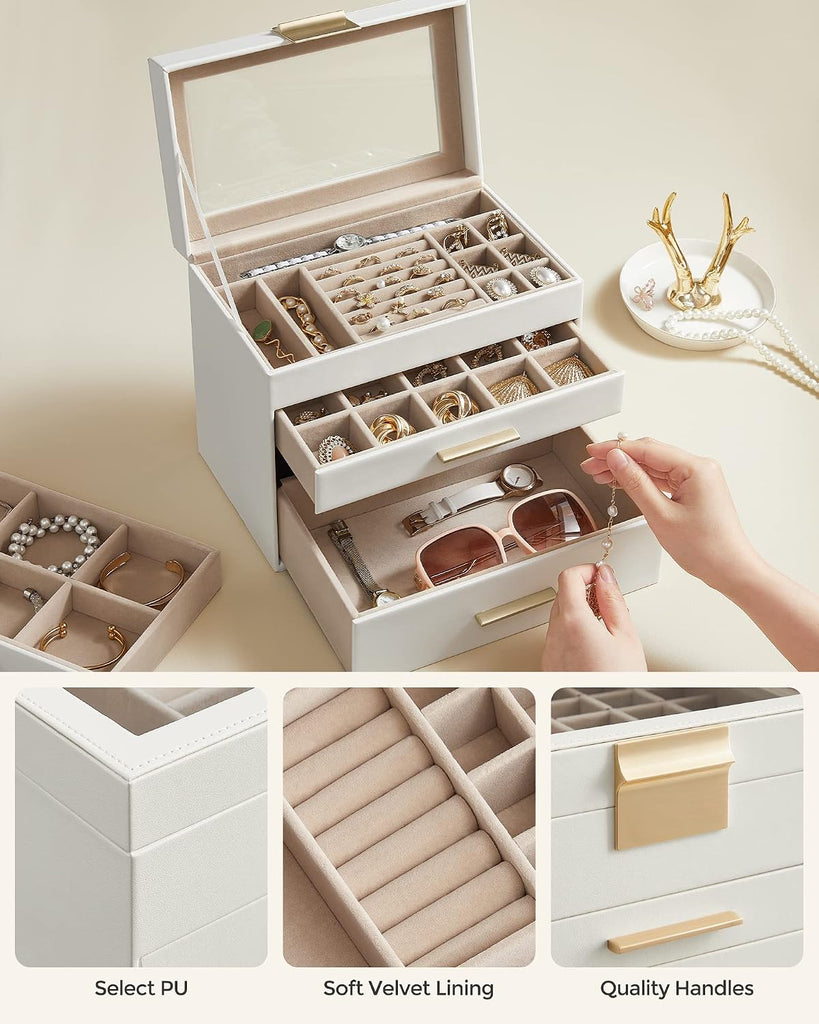 Jewelry Box Organizer, 4-Layer Storage with 3 Drawers, Glass Lid