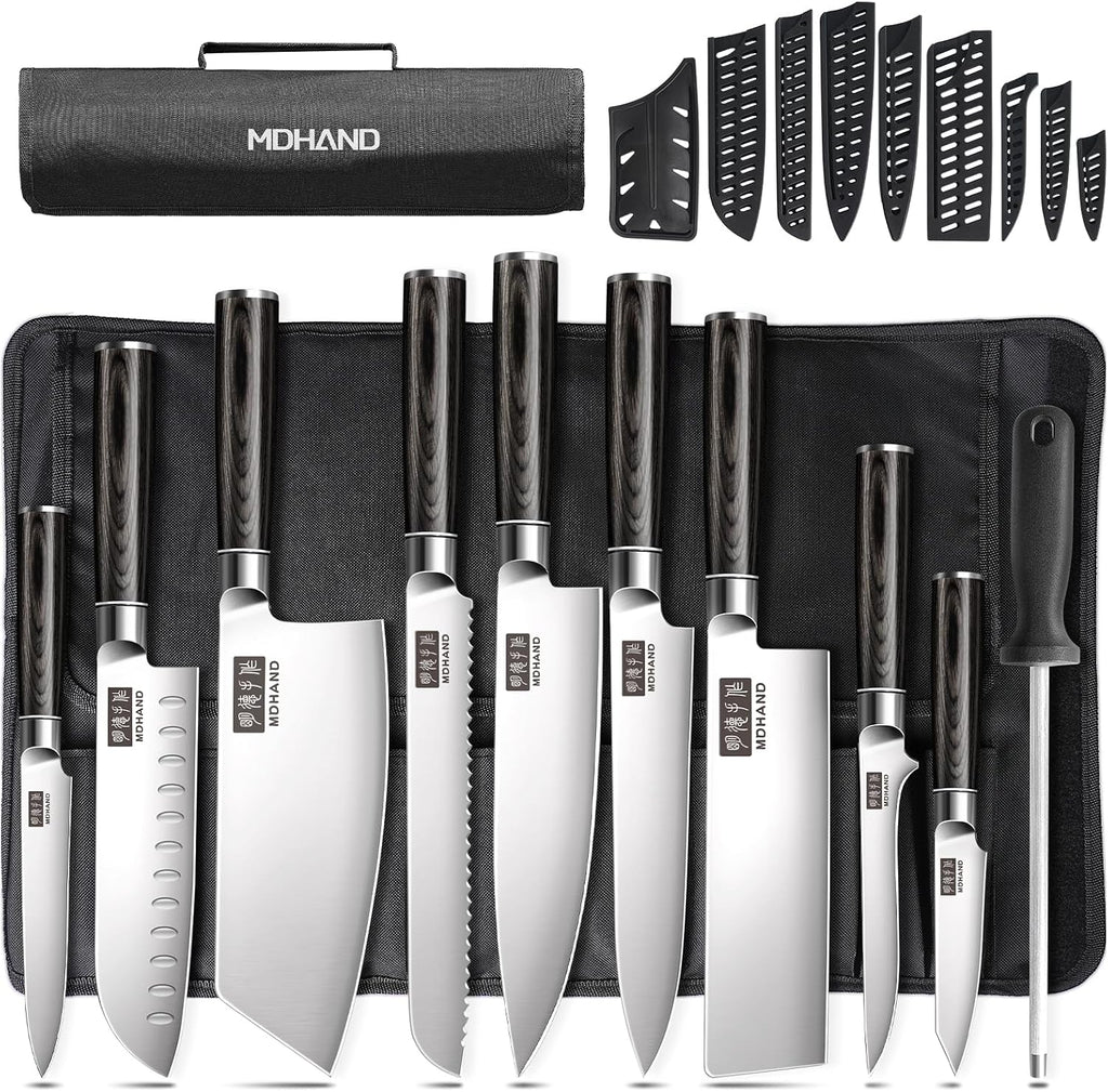 Chef Knife Set with Roll Bag, Ultra Sharp Japanese Kitchen Knife Set | High Carbon Stainless Steel 10PCS Kitchen