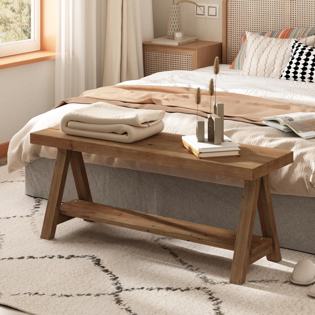 Solid Wood Bench, 43" Farmhouse Entryway Bench with Shoe Storage