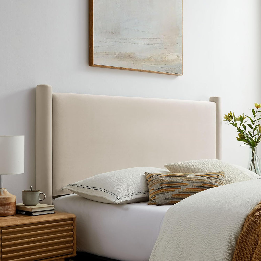 Rael Queen Upholstered Headboard with Pillars in Alabaster - Velvet Headboard - Stain-Resistant Performance Velvet
