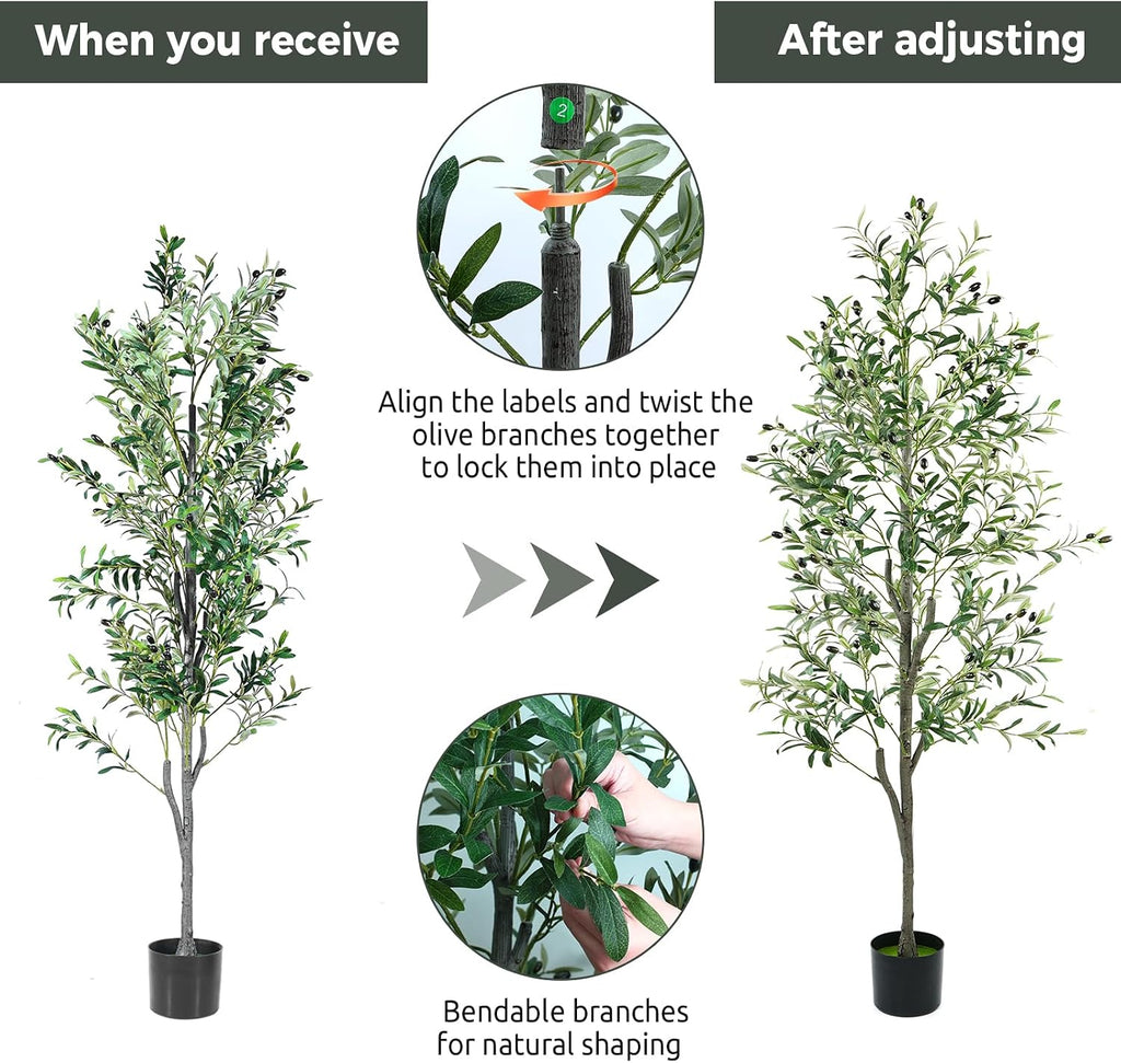 Olive Trees Artificial Indoor 6FT, Faux Olive Tree with Woven Basket & Natural-Looking Wood Trunk, Realistic Leaves &