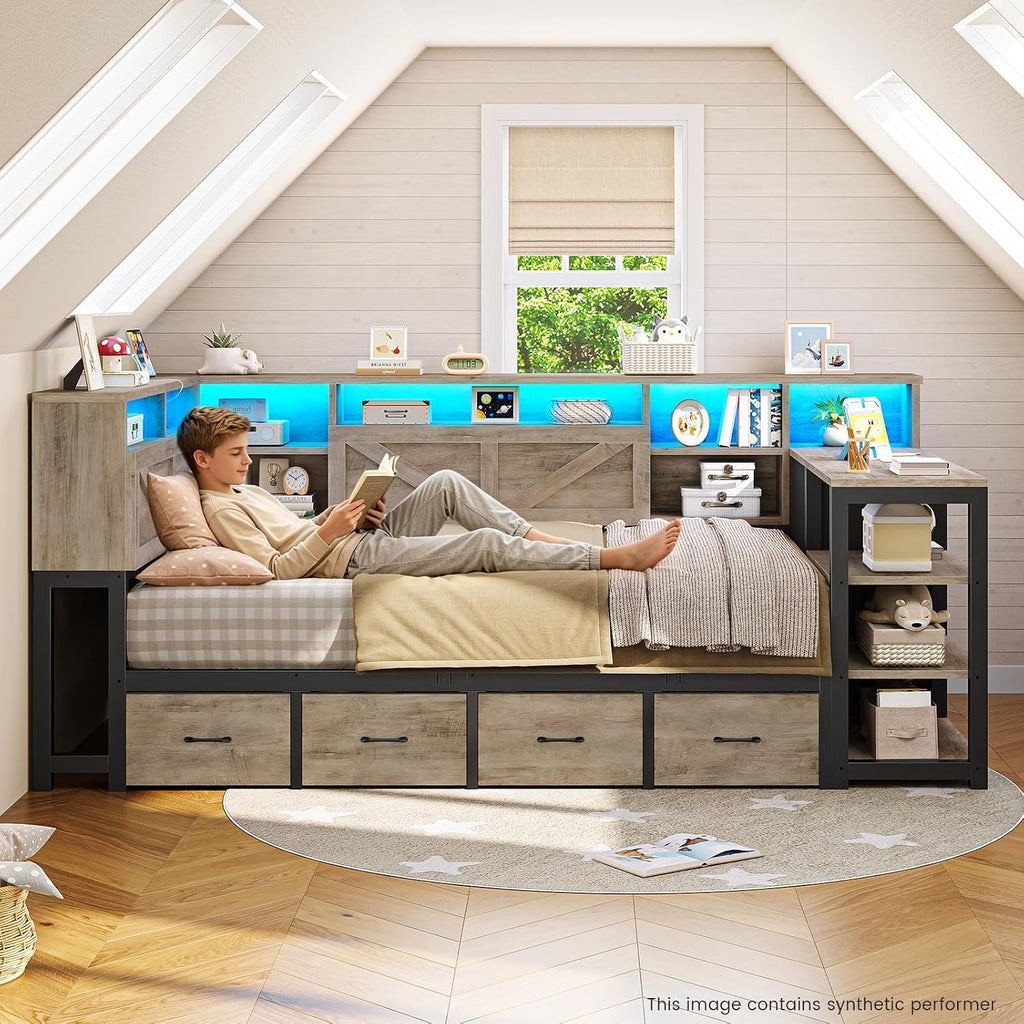 Corner Bed Frame with Desk, Bookcase Headboard, Storage Shelves & 7 Drawers, Farmhouse Twin Size Wood Platform Bed