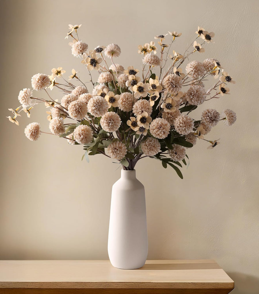 Fake Mums Kiku Flowers Artificial with Wild Flowers Bulk, Beige Silk Flower Arrangements Decor Floral - Set of 8