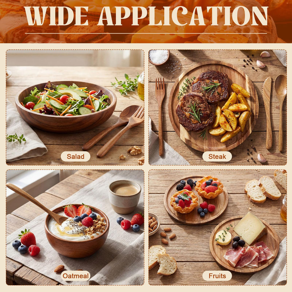 28 Pcs Acacia Wood Dinnerware Set, Wooden Plates and Bowls Set