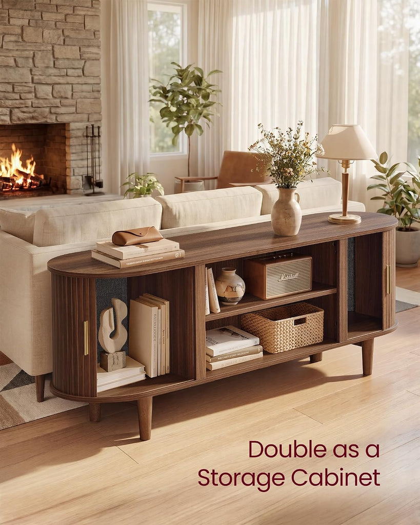 TV Stand for 65-Inch TVs, Mid Century Entertainment Center with Storage, Fluted Sliding Doors, Media Console Table