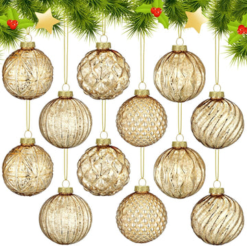 Christmas Gold Glass Ball Ornaments, Vintage Tree Decoration - Set of 12