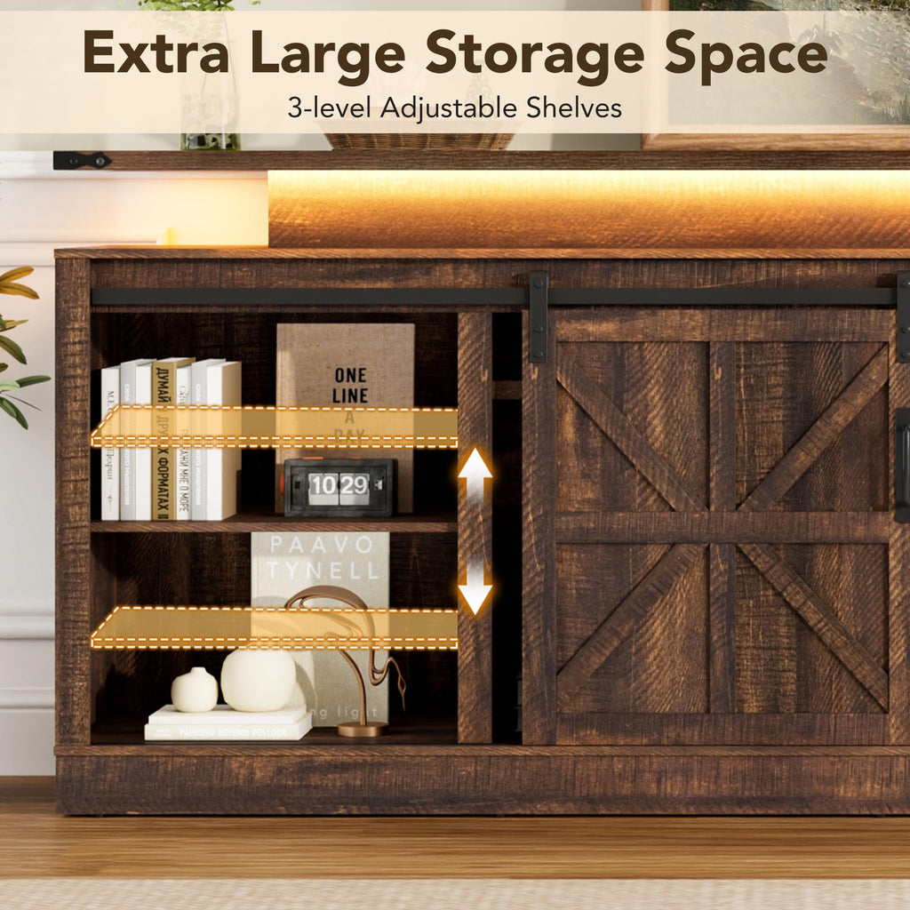 81" Farmhouse TV Stand with Power Outlets and LED Light, Extra Tall Entertainment Center with Sliding Barn Door for