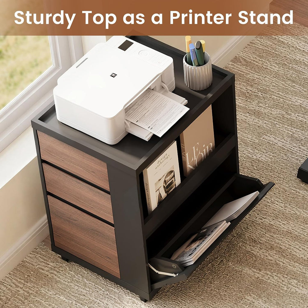 Mobile File Cabinet Under Desk with 3 Drawer, Office Storage Cabinet | Rolling Wood Printer Stand w/ Unique Side