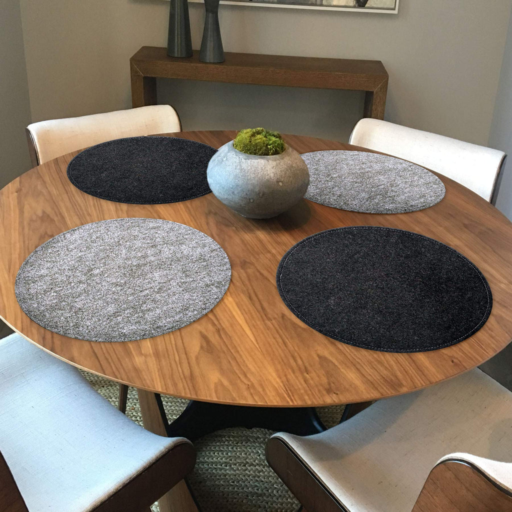 Border Stitching Round Dual-Color Felt Reversible Placemat (Black/Gray), Set of 6 Placemats