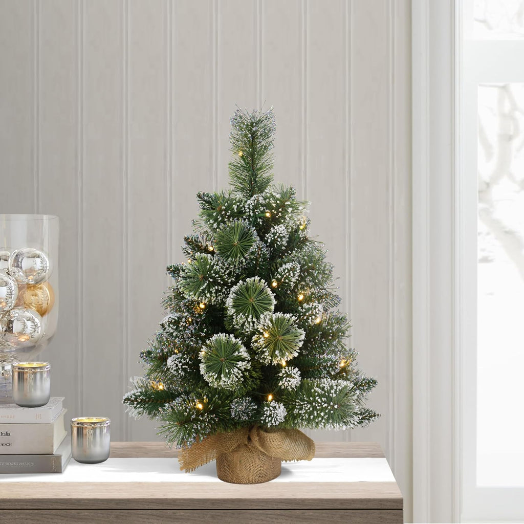International Pre-Lit 2' Table Top Artificial Christmas Tree with 35 Lights in Tan Sac, Green