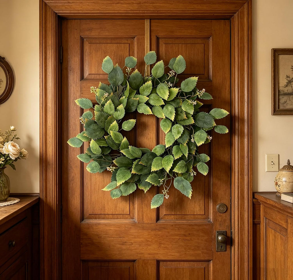 26" Green Hibiscus & Eucalyptus Leaf Wreath for Front Door - Large Artificial Greenery Outdoor Wreath for Porch