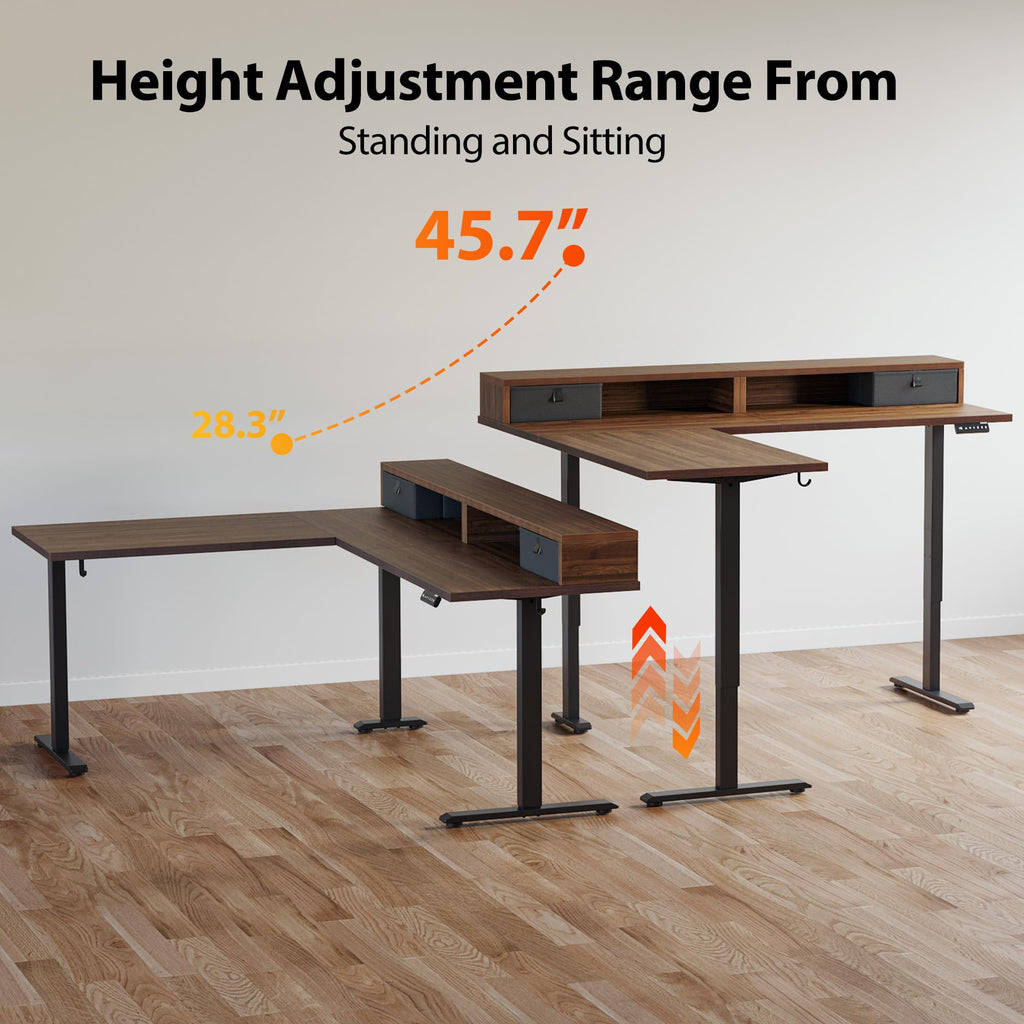 63 Inch L Shaped Electric Standing Desk with Drawer, Dark Walnut