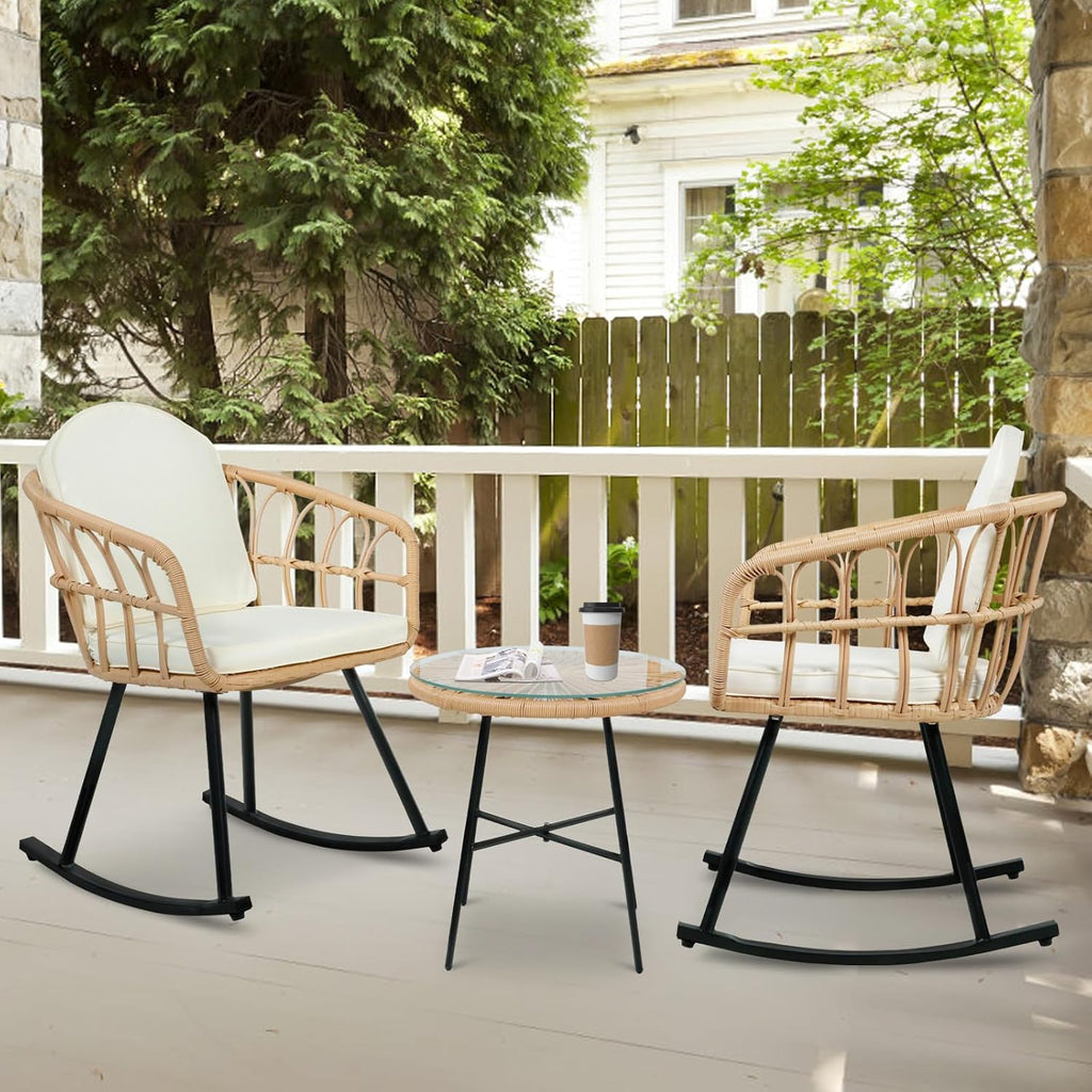 3 Pieces Rocking Chairs Set - Outdoor Wicker Rattan Rocking Chairs with Thickened Cushions, Boho Patio Furniture