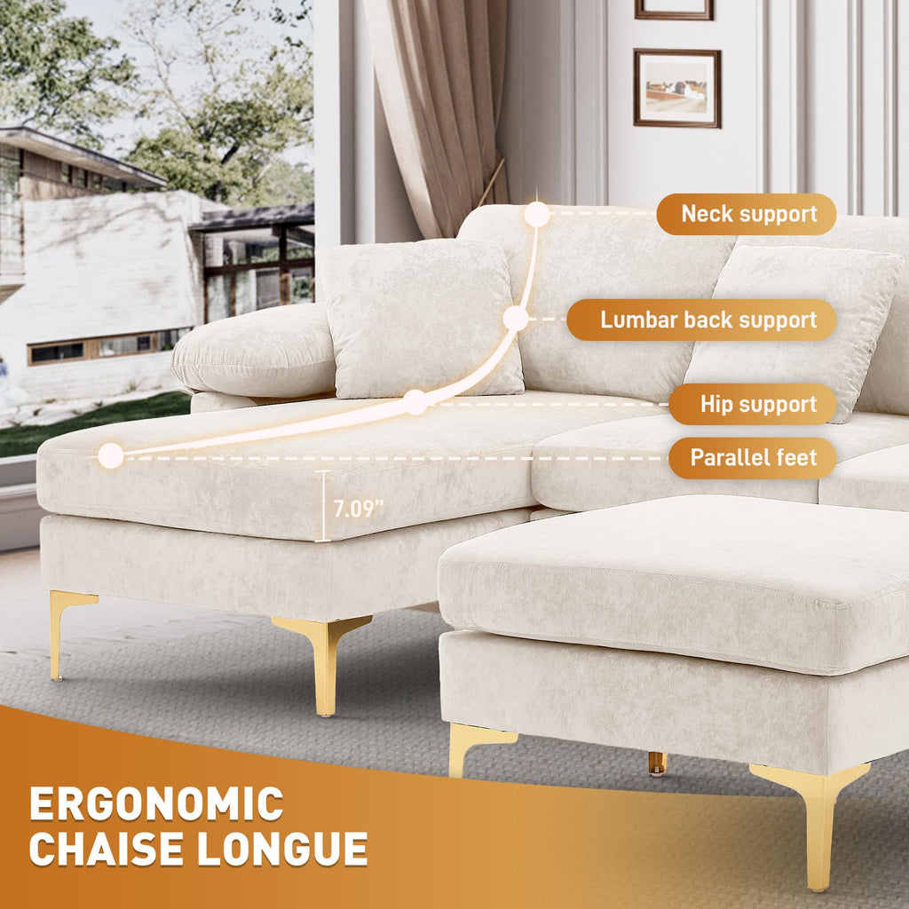114" U-Shaped Velvet Sectional Couch with Ottoman, White